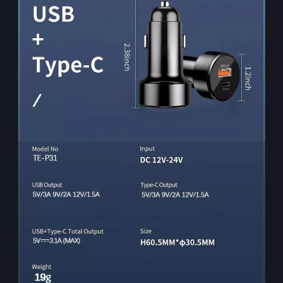Incarcator Auto USB-A, QC 3.0, USB-C, 38W, Techsuit CAPD028, Negru