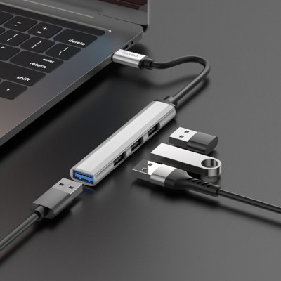 Hub USB type C la 3 x USB 2.0, USB 3.0 Hoco HB26, argintiu