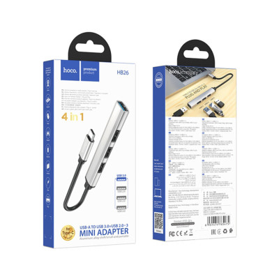Hub USB type C la 3 x USB 2.0, USB 3.0 Hoco HB26, argintiu