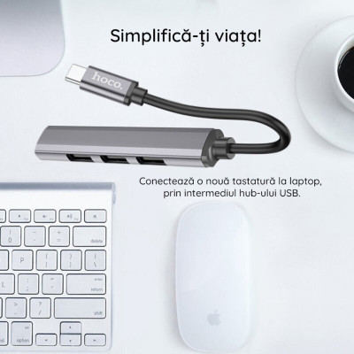 Hub USB type C la 3 x USB 2.0, USB 3.0 Hoco HB26, argintiu