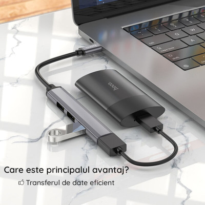 Hub USB type C la 3 x USB 2.0, USB 3.0 Hoco HB26, argintiu