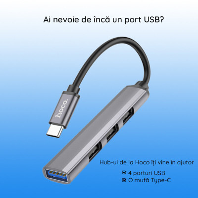 Hub USB type C la 3 x USB 2.0, USB 3.0 Hoco HB26, argintiu