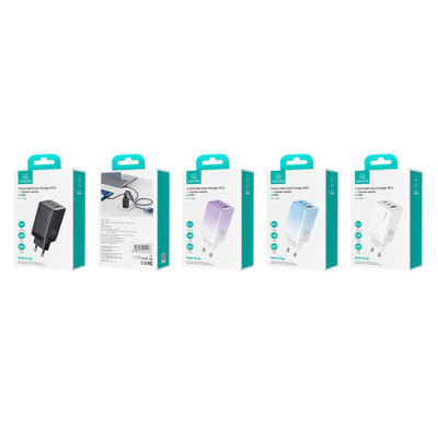Incarcator GaN Fast Charge 65W 2x tip C, USB, Usams, albastru, US-CC180