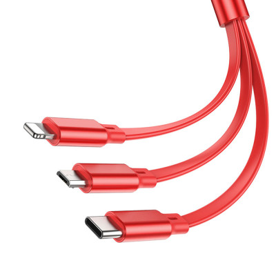 Cablu USB-A la Type-C, Lightning, Micro-USB, 2A, 1m - Hoco Double-Pull (X75) - Red