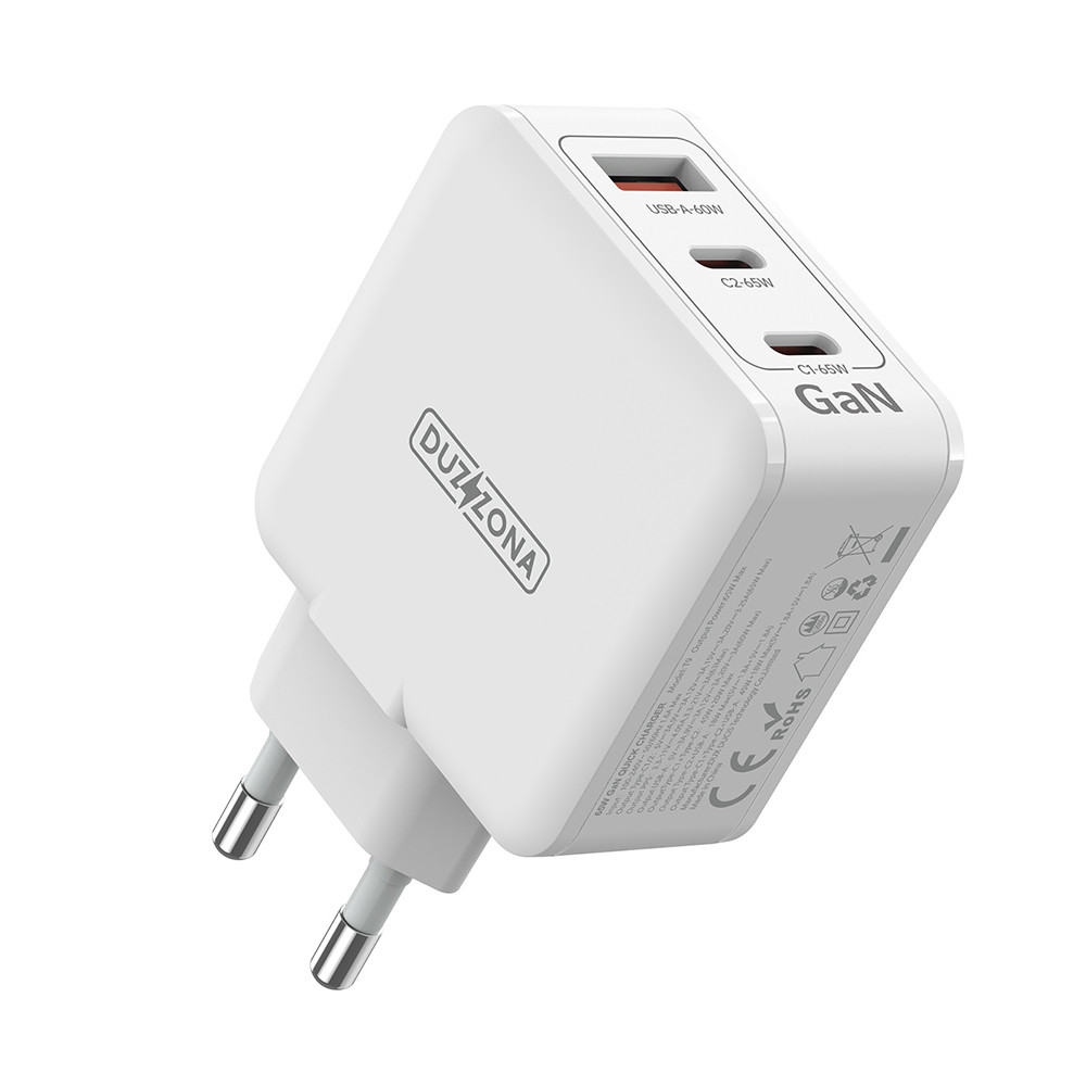Duzzona – Incarcator de perete 3 în 1 (T9) – USB, 2x USB-C, incarcare rapida GaN 65W – alb